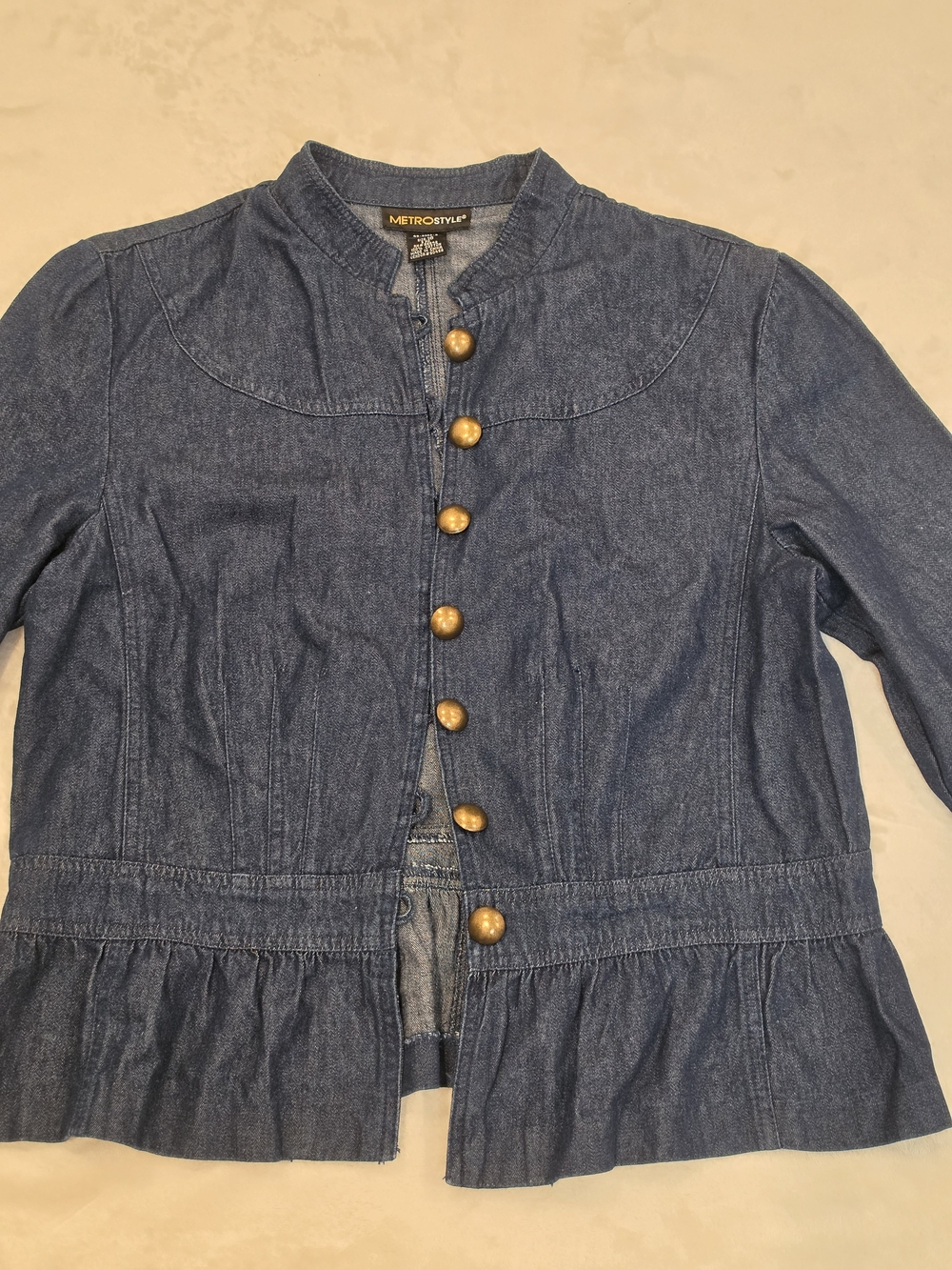 Metrostyle Vintage Denim Peplum Ruffle Jacket Fancy Gold Button Size 16
